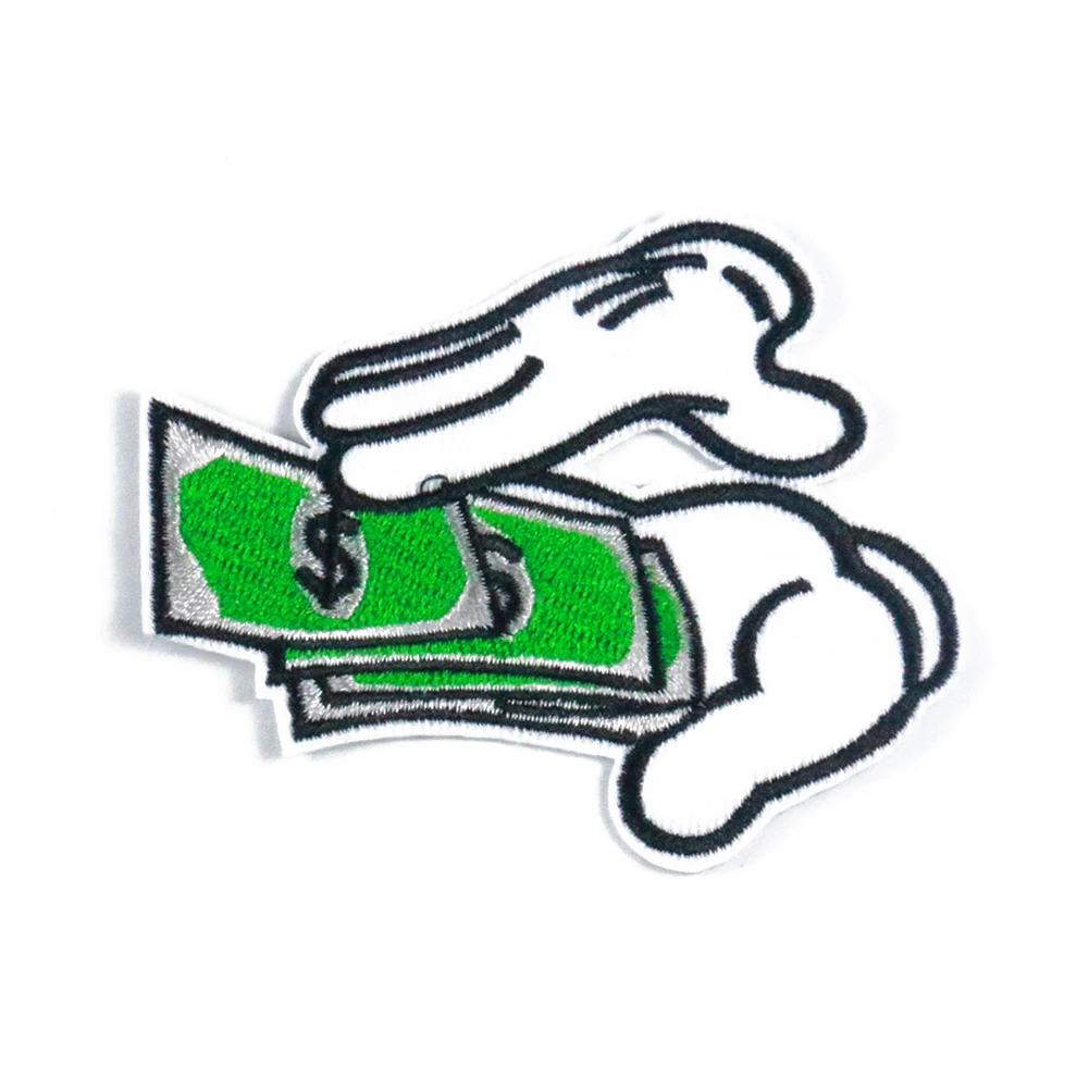 Free samples of creative custom white glove dollar bills embroidered iron on patches for clothing, Picture
Free samples of creative custom white glove dollar bills embroidered iron on patches for clothing, Picture