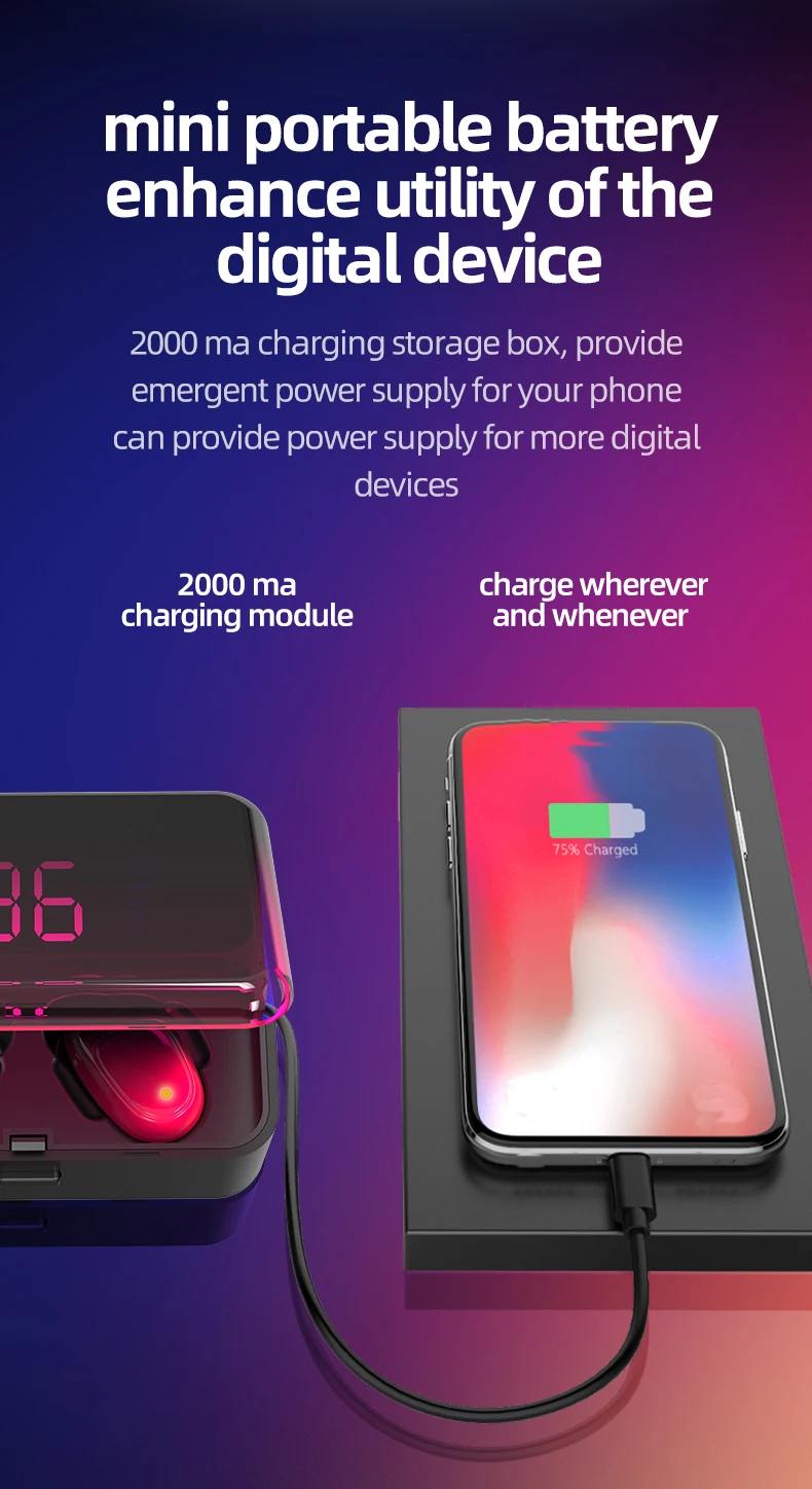 ES01 TWS Headphone BT Wireless Earbuds Earpiece Headset Earphone with Bank Power charging case Touch Screen - ANKUX.COM