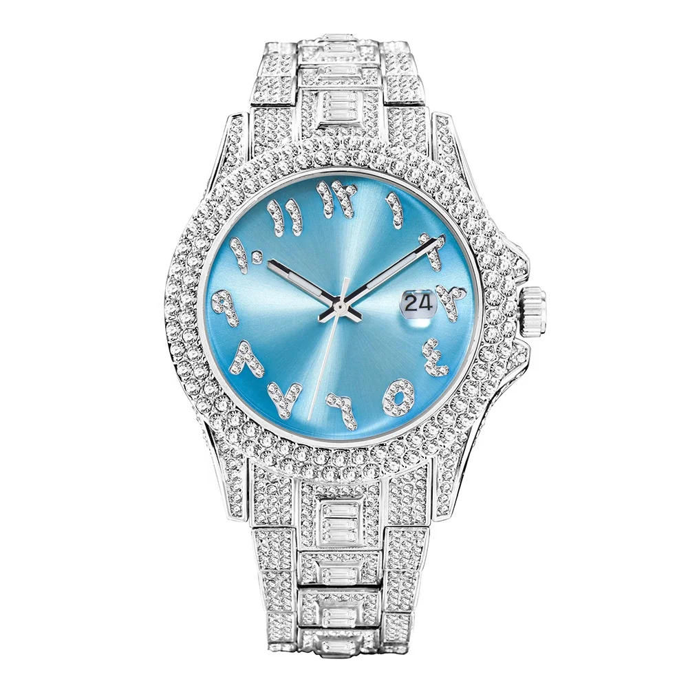 

Luxury Silver Blue Face Arab Arabic Numbers Full Diamond Watches Men Wrist Bling Hip Hop Iced Out Watch