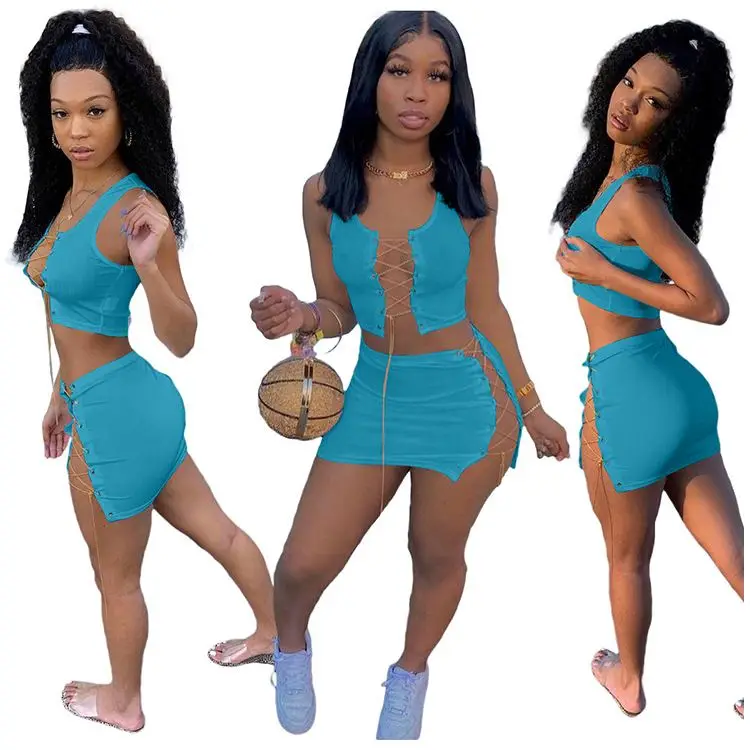 Aurora Latest Design Summer Women Sleeveless Solid Color Bandage Short Skirt Suit 2 Piece Women Casual Two Piece Skirt Outfits
Aurora Latest Design Summer Women Sleeveless Solid Color Bandage Short Skirt Suit 2 Piece Women Casual Two Piece Skirt Outfits