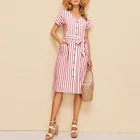 Fashion Boho Clothes Casual Wear Women Button Front Belted Striped Midi Dress