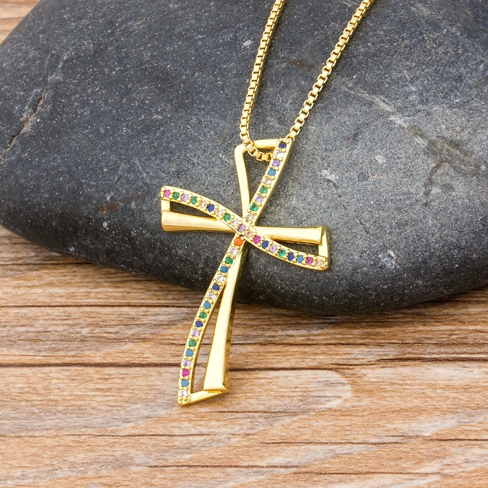 New Design Rainbow Crystal Cross Pendant Necklace AAA Cubic Zirconia Copper Gold Neck Chain Fashion Jewelry Gifts For Women
New Design Rainbow Crystal Cross Pendant Necklace AAA Cubic Zirconia Copper Gold Neck Chain Fashion Jewelry Gifts For Women