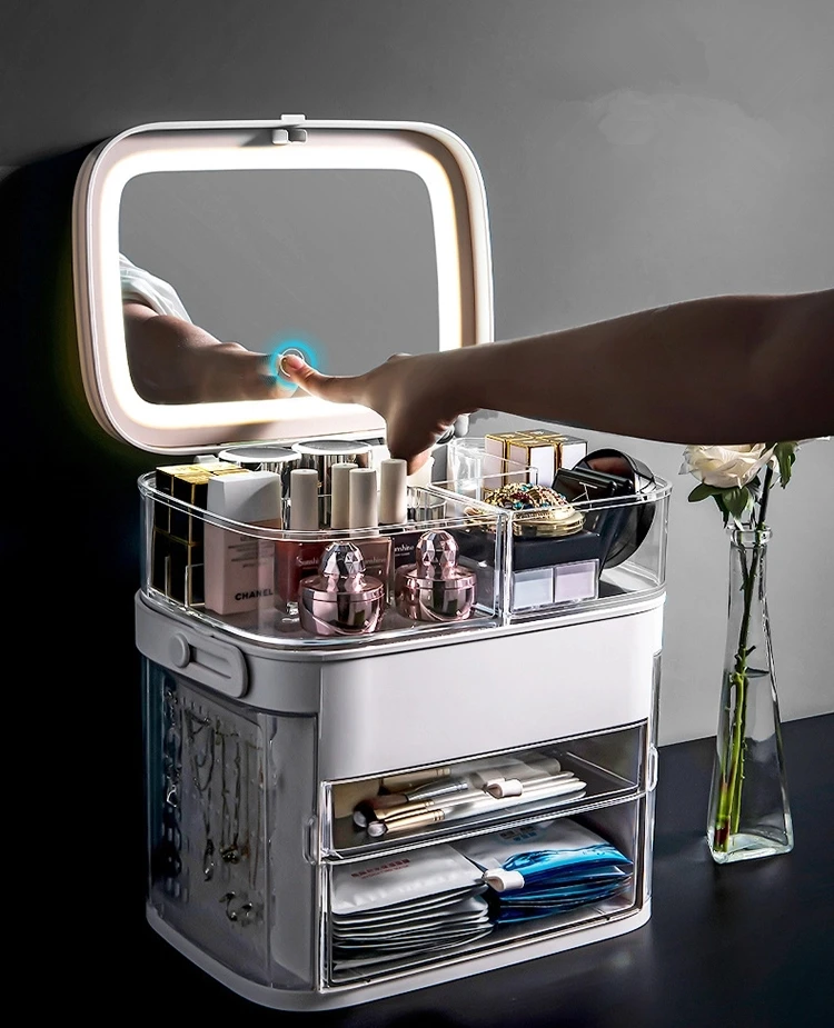 Dustproof and Waterproof Cosmetics Display Cases LED Light Mirror Makeup Organizer Storage Box
Dustproof and Waterproof Cosmetics Display Cases LED Light Mirror Makeup Organizer Storage Box