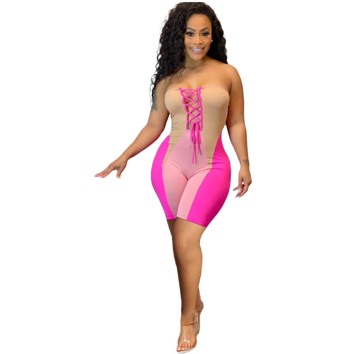 New women's fashion and casual positioning print splice with breast and tie short women One Piece jumpsuit
New women's fashion and casual positioning print splice with breast and tie short women One Piece jumpsuit