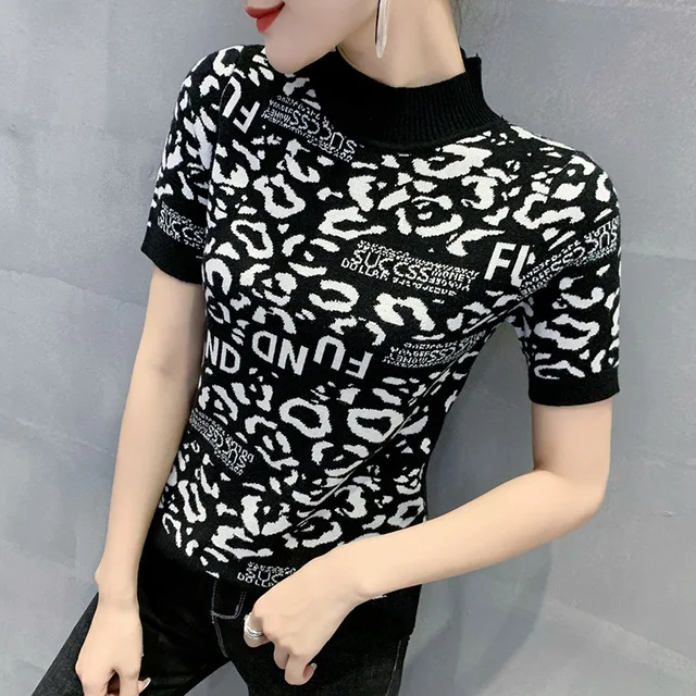 2021 summer new arrival high neck short sleeve slim fit hot leopard pullover sweater, Black,white,
2021 summer new arrival high neck short sleeve slim fit hot leopard pullover sweater, Black,white,