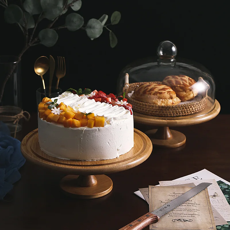 Creative transparent dust-proof glass cover high foot plate dessert table with bamboo tray wooden cake stand
Creative transparent dust-proof glass cover high foot plate dessert table with bamboo tray wooden cake stand