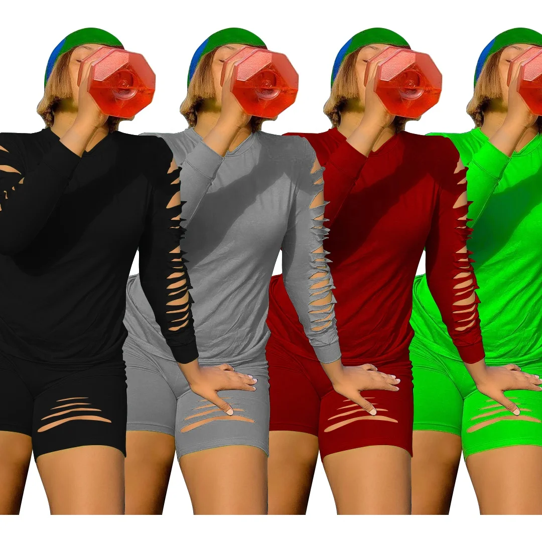 Ladies Spring Sportswear Two-piece Set with Holes Long-sleeved T-shirt Shorts Suit Wholesale Women Clothing MT88-6501 2021 New
Ladies Spring Sportswear Two-piece Set with Holes Long-sleeved T-shirt Shorts Suit Wholesale Women Clothing MT88-6501 2021 New