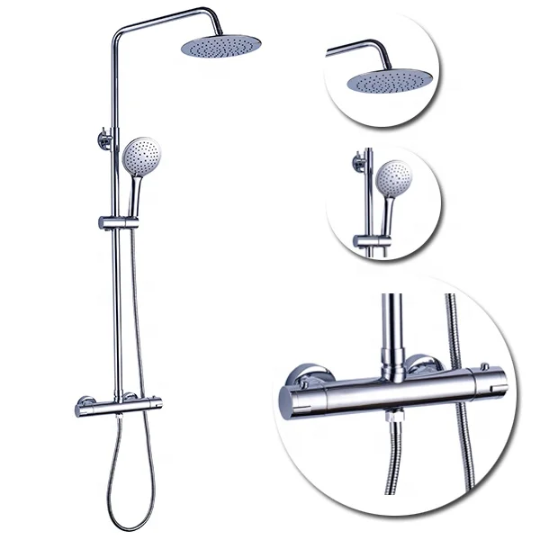 Bathroom Exposed Head Rainfall Shower Panel System Column Temperature Control Thermostatic Shower Faucet Mixer Set