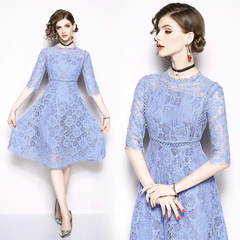 Custom made new style elegant fashion high end lace half sleeve round neck oem clothing new arrival 2021 women casual dresses, Blue
Custom made new style elegant fashion high end lace half sleeve round neck oem clothing new arrival 2021 women casual dresses, Blue
