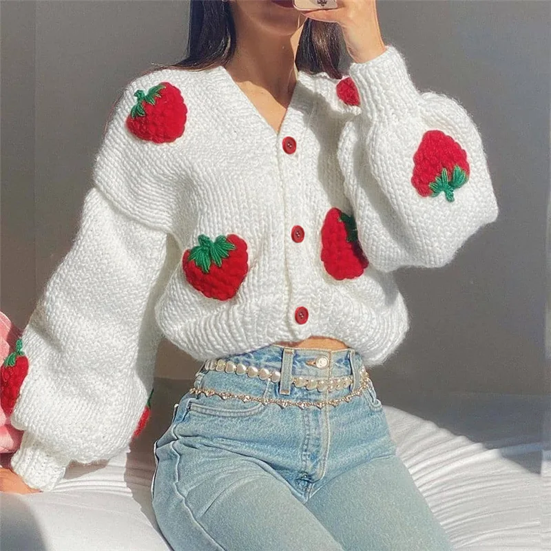 Fall and winter new women's fashion design single breasted v-neck strawberry long sleeve cardigan sweater, White
Fall and winter new women's fashion design single breasted v-neck strawberry long sleeve cardigan sweater, White