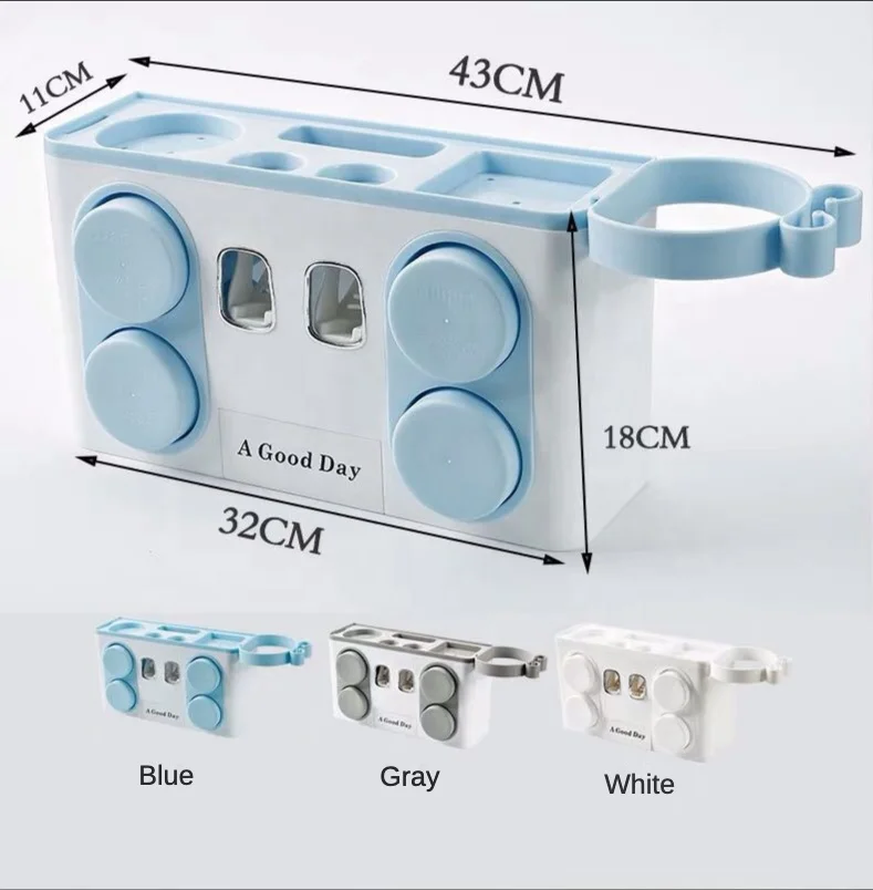 Bathroom Set Adhesive Toothbrush Holder Double Automatic Toothpaste Dispenser Wall Mounted Storage Shelves, White & blue & grey
Bathroom Set Adhesive Toothbrush Holder Double Automatic Toothpaste Dispenser Wall Mounted Storage Shelves, White & blue & grey