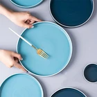 Crockery dinnerware sky blue round flat cheap ceramic plates for restaurant