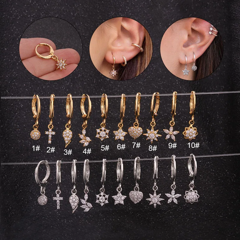 

Dainty Hoop With Small Cz Dangle Silver Gold Earring zircon Cross Flower Star Heart Wing Cartilage Hoop Helix Piercing Earring, Multicolor
