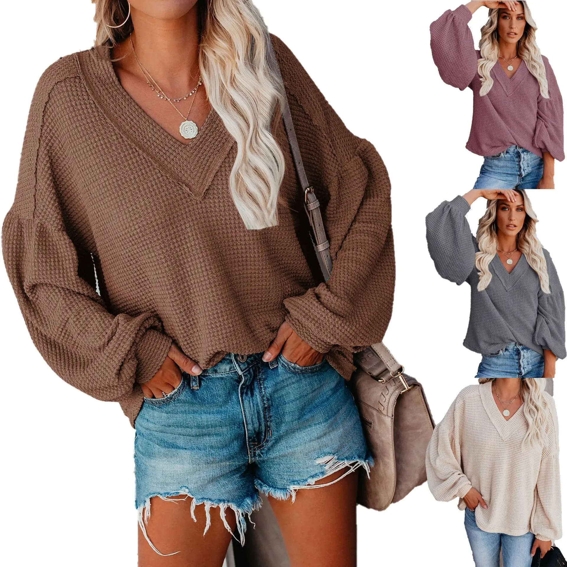 Women OEM Fashion Blouse Long Lantern sleeve V Neck Elegant Loose Women Tops Knit Top
Women OEM Fashion Blouse Long Lantern sleeve V Neck Elegant Loose Women Tops Knit Top