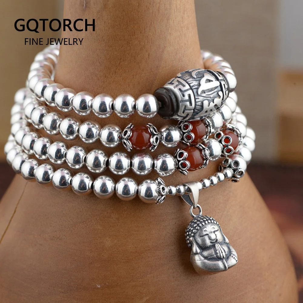 

Real 925 Sterling Silver Beads Chain Bracelets With Buddha Figure Tibetan Buddhism Mantra Six Words' Engraved Prayer Jewelry