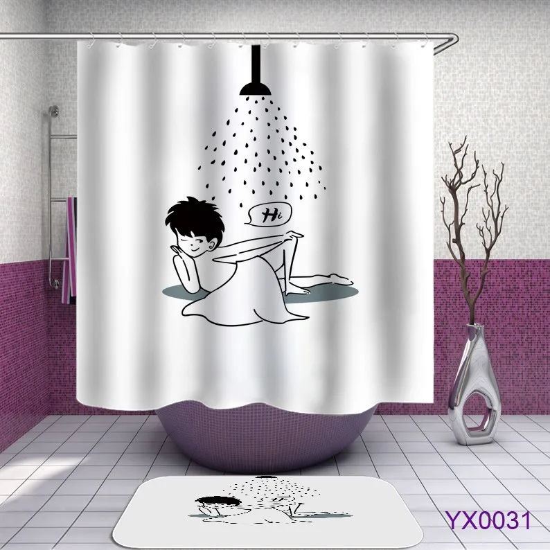 Hot sale high grade polyester waterproof white cartoon shower curtain and rug set for bathroom luxury
Hot sale high grade polyester waterproof white cartoon shower curtain and rug set for bathroom luxury