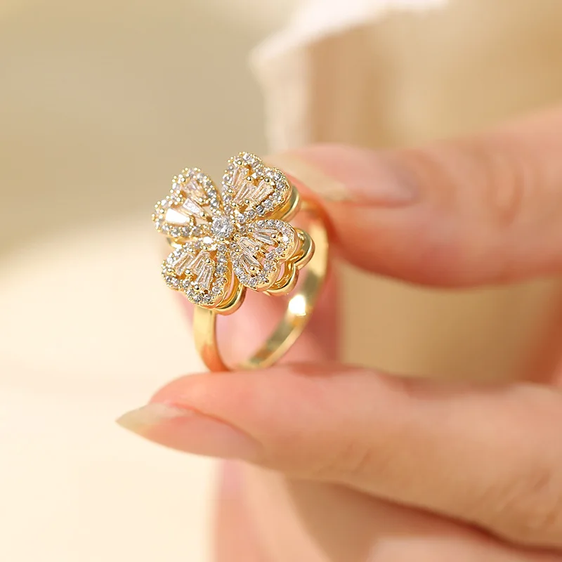 Hot Selling Fashion Jewelry Diamond Adjustable Ring Ladies Jewelry Double Layer Rotating Women Crystal Gold Leaf Clover Ring
Hot Selling Fashion Jewelry Diamond Adjustable Ring Ladies Jewelry Double Layer Rotating Women Crystal Gold Leaf Clover Ring