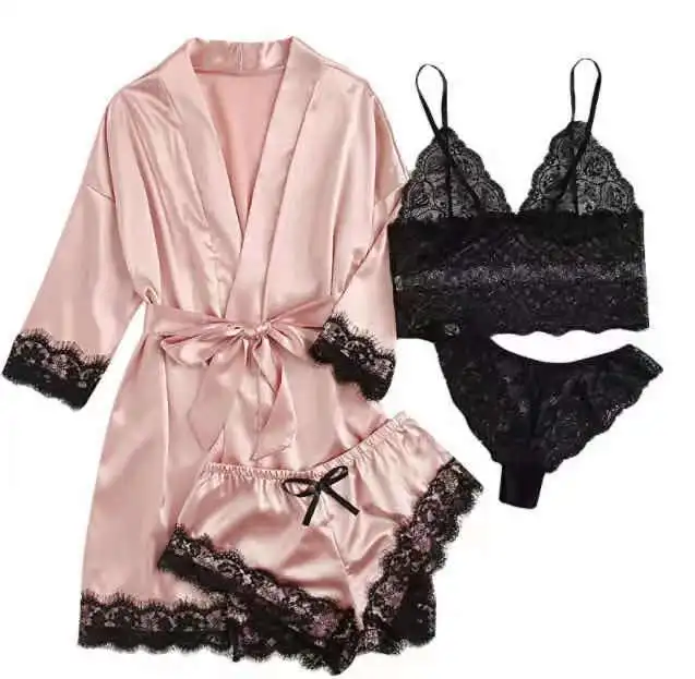 Women's sexy lingerie sleepwear see through sleepwearn silk pyjamas satin Robe 4-piece sets women pajamas set
Women's sexy lingerie sleepwear see through sleepwearn silk pyjamas satin Robe 4-piece sets women pajamas set