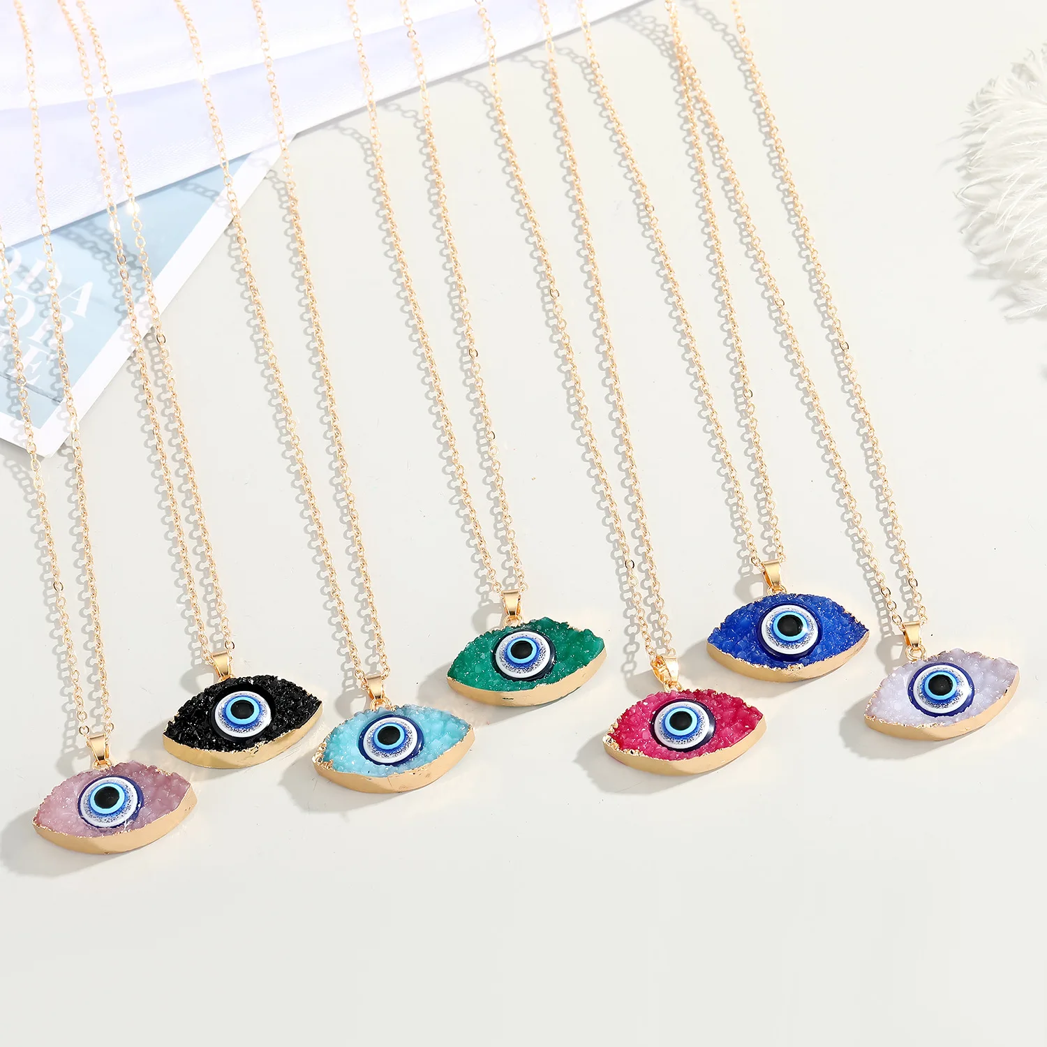 European and American Style Retro Turkish Blue Eye Resin Pendant Gold Chain Evil Eye Necklace, 7 colors
European and American Style Retro Turkish Blue Eye Resin Pendant Gold Chain Evil Eye Necklace, 7 colors