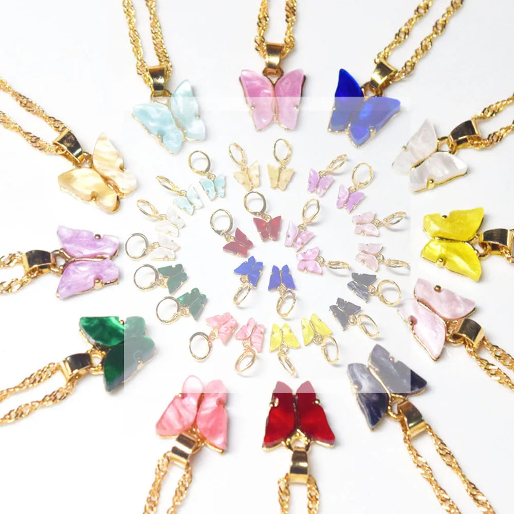 Fashion trendy accessories earrings necklace acrylic butterfly charm pendant gold blue pink butterfly jewelry set, As picture or customized
Fashion trendy accessories earrings necklace acrylic butterfly charm pendant gold blue pink butterfly jewelry set, As picture or customized