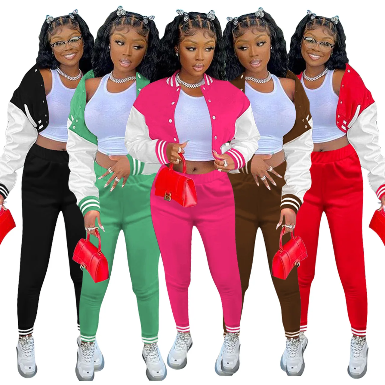 Fashion woman jog suit set patchwork thick Baseball bomber jacket womens two piece jogger set, 9 colors
Fashion woman jog suit set patchwork thick Baseball bomber jacket womens two piece jogger set, 9 colors