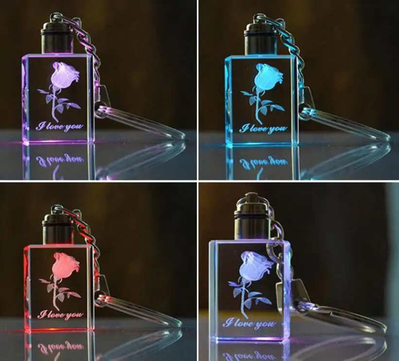 crystal heart octagonal cube shape led keychain with 2d/3d laser