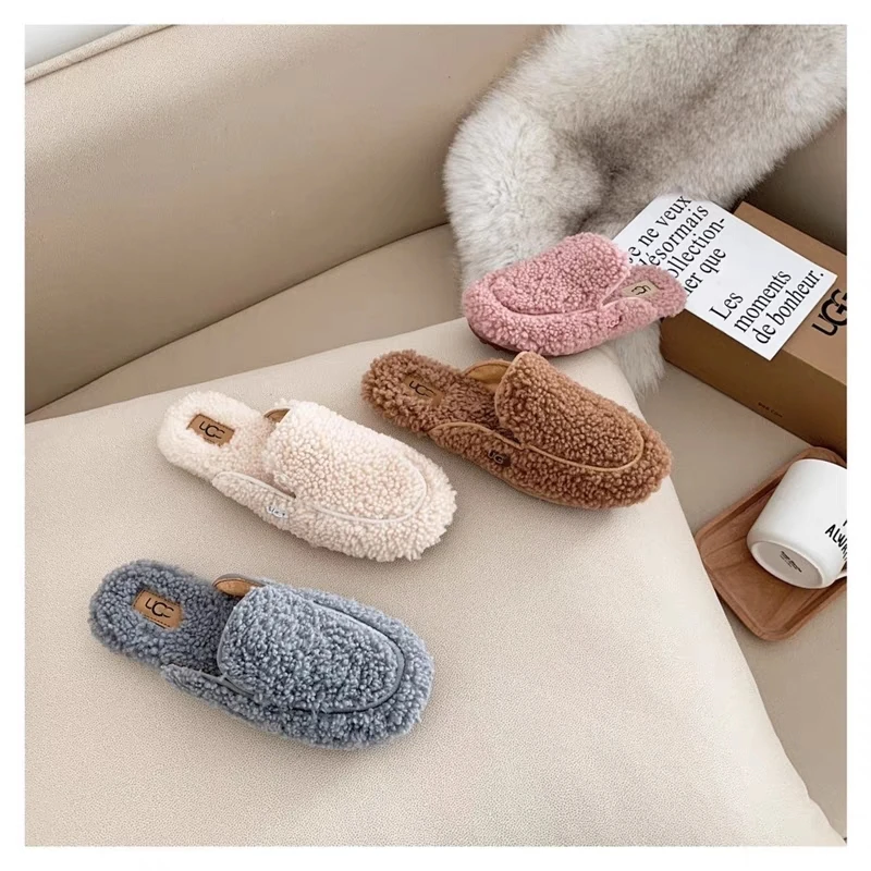 

DHL Free Shipping New Winter Warm Flat Furry Indoor Lamb Wool Fur Shearling House Slippers Comfortable Slippers For Girls, Pink/black/grey