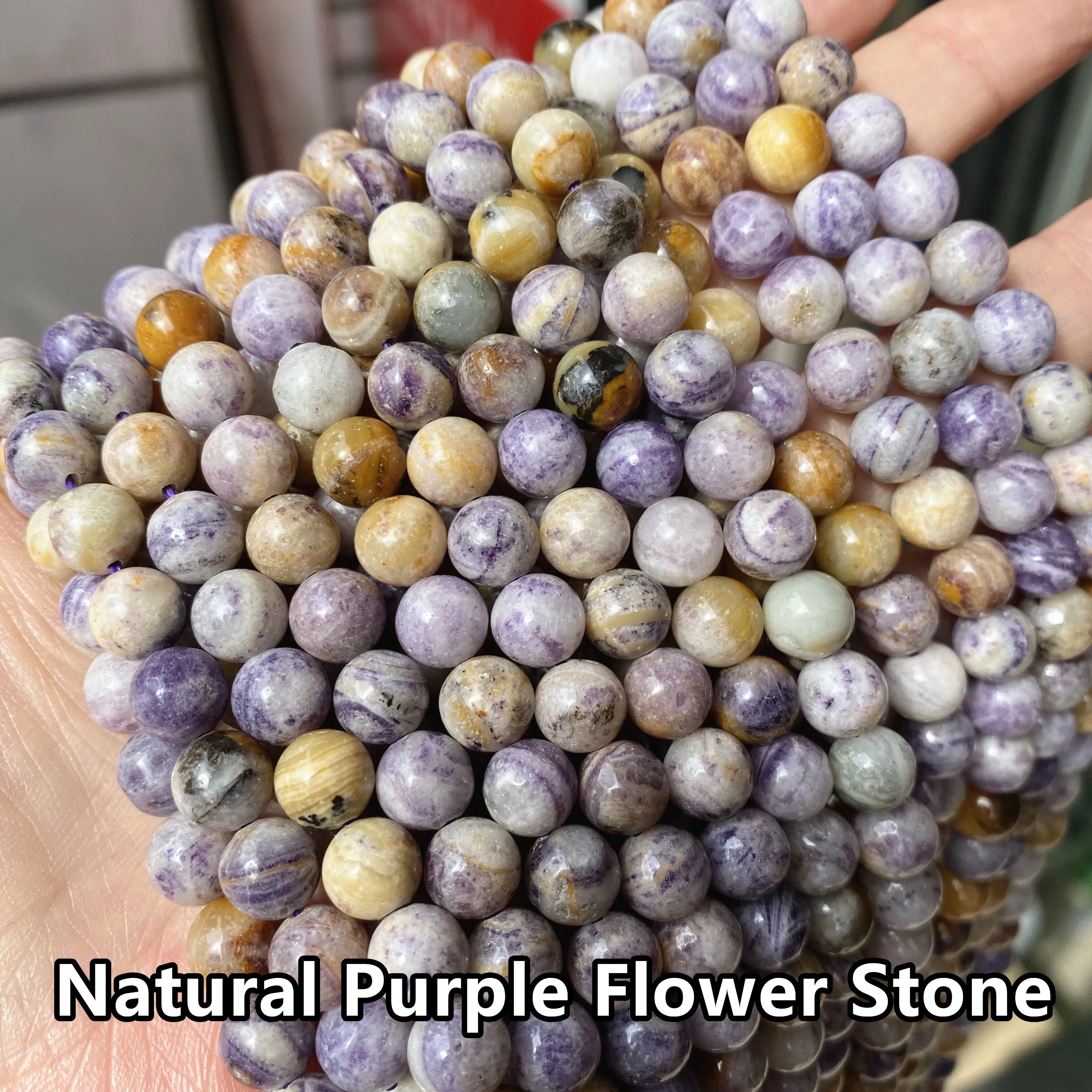 Natural Stone Loose Smooth Round Purple Spots Dots Bead Strand Purple