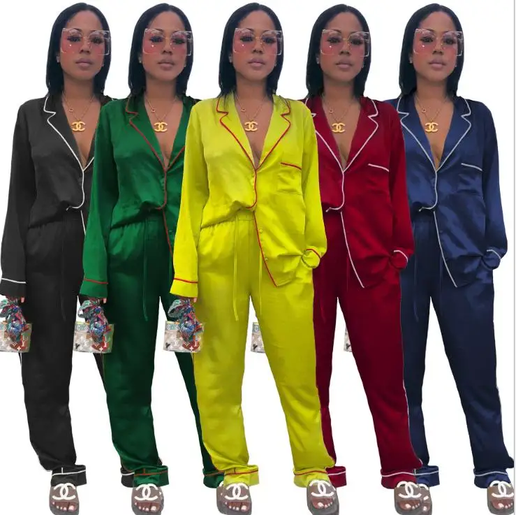 Hot selling pajamas women's spring and summer long-sleeved ice silk cardigan suit thin women's sleepwear, As pictures 
Hot selling pajamas women's spring and summer long-sleeved ice silk cardigan suit thin women's sleepwear, As pictures