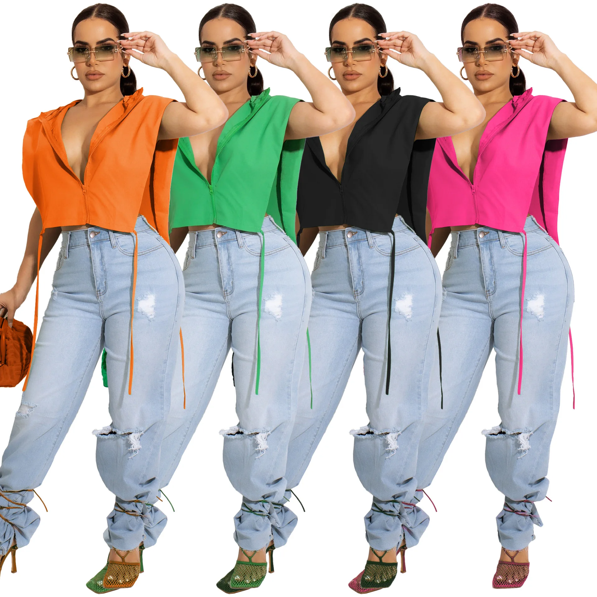 2022 New Woman Tops Fashionable Sleeveless Lace Up Blouse With Hood Summer Zipper Up Vest For Women
2022 New Woman Tops Fashionable Sleeveless Lace Up Blouse With Hood Summer Zipper Up Vest For Women