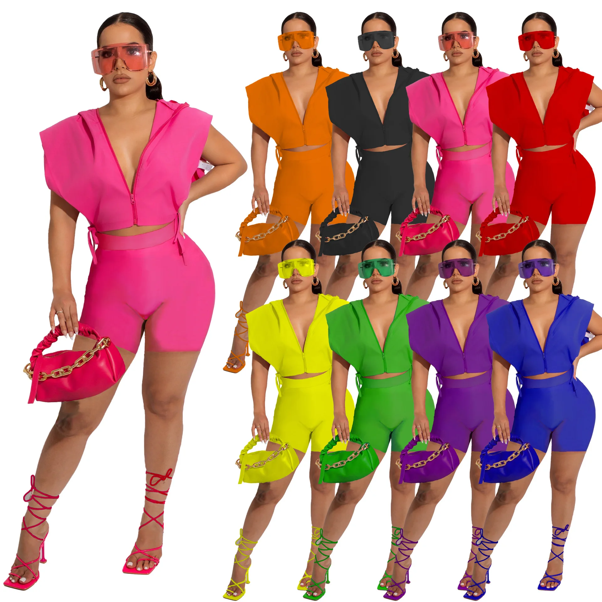 8 Color Hooded Zipper Sleeveless Hollow Out Bandage Top And Tight Shorts For Women Sexy Street 2 Piece Set, 8 colors
8 Color Hooded Zipper Sleeveless Hollow Out Bandage Top And Tight Shorts For Women Sexy Street 2 Piece Set, 8 colors