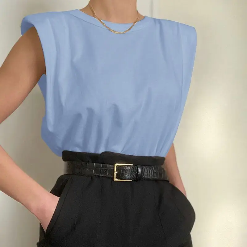 2021 sleeveless shoulder pads loose fit slim temperament T-shirt vest women summer shirts women t-shirt
2021 sleeveless shoulder pads loose fit slim temperament T-shirt vest women summer shirts women t-shirt