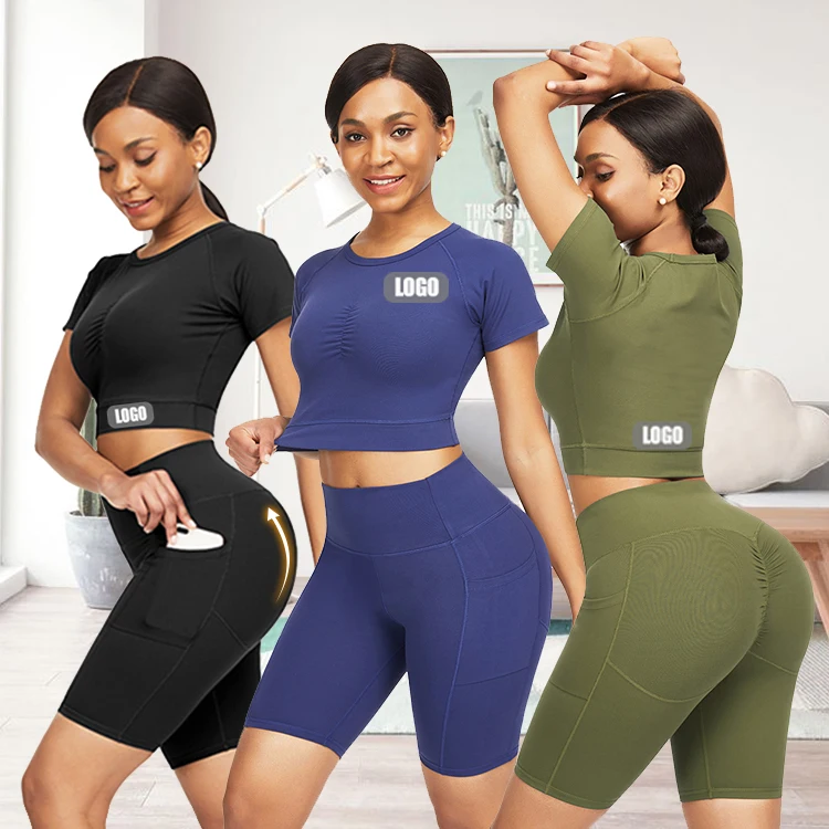 Custom Logo High Waist Hip Enhancer Short Yoga Outfit Women Short Sleeve Sportswear Sets, Shown
Custom Logo High Waist Hip Enhancer Short Yoga Outfit Women Short Sleeve Sportswear Sets, Shown