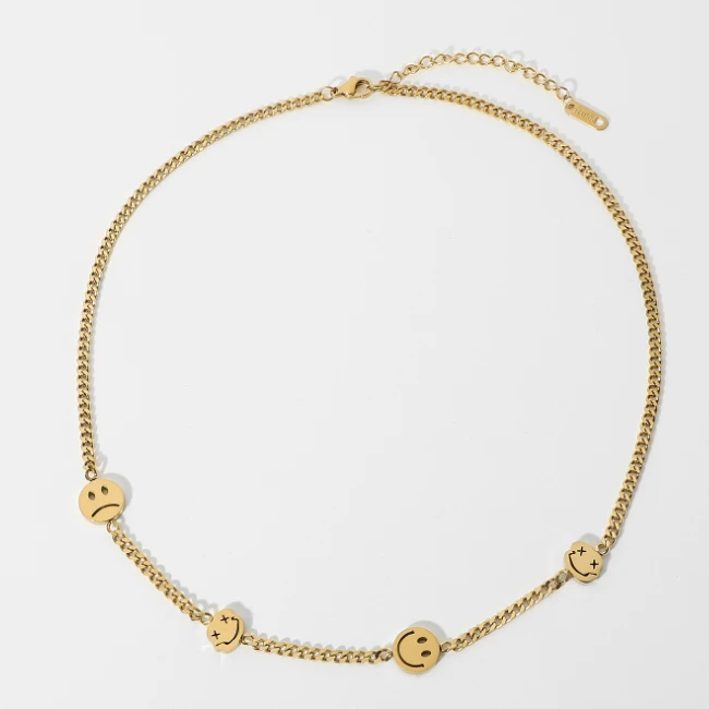 American fashion women accessories 14k gold stainless steel link chain small disc smiley face choker necklace
American fashion women accessories 14k gold stainless steel link chain small disc smiley face choker necklace