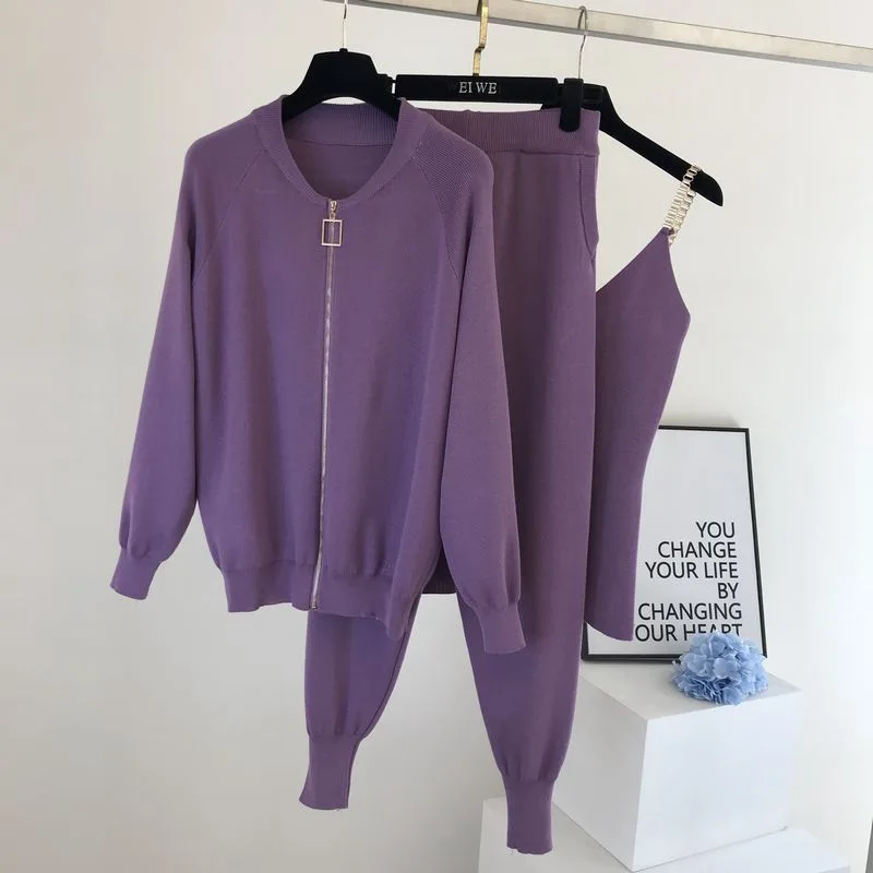 Autumn Knit Track 3 Pieces Suit Ladies Cardigan Sweater Chain Vest Jacket Suit Elastic Pants Women Sets
Autumn Knit Track 3 Pieces Suit Ladies Cardigan Sweater Chain Vest Jacket Suit Elastic Pants Women Sets