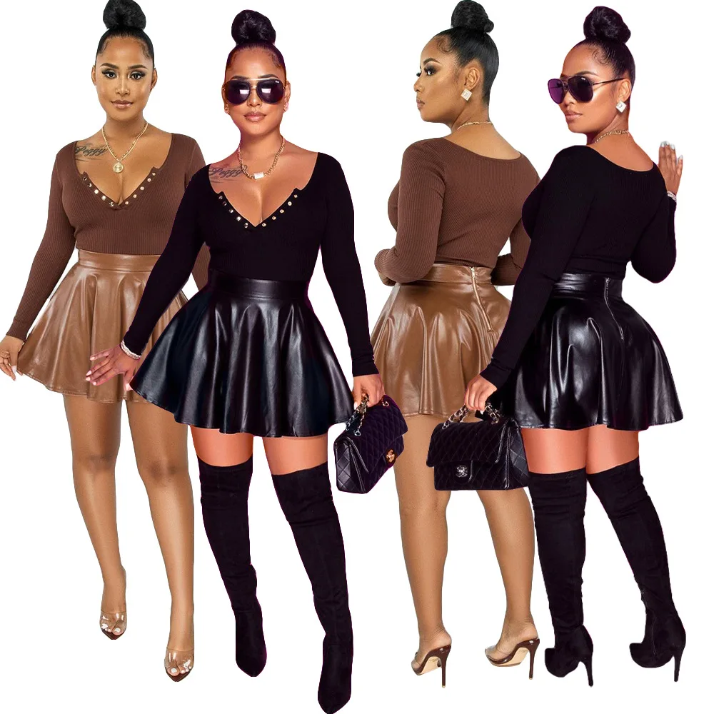 2022 New Arrivals Solid 2 Piece Pleated Skirt Set Women Clothing V Neck Knitted Top And Pu Leather Skirt Suit
2022 New Arrivals Solid 2 Piece Pleated Skirt Set Women Clothing V Neck Knitted Top And Pu Leather Skirt Suit
