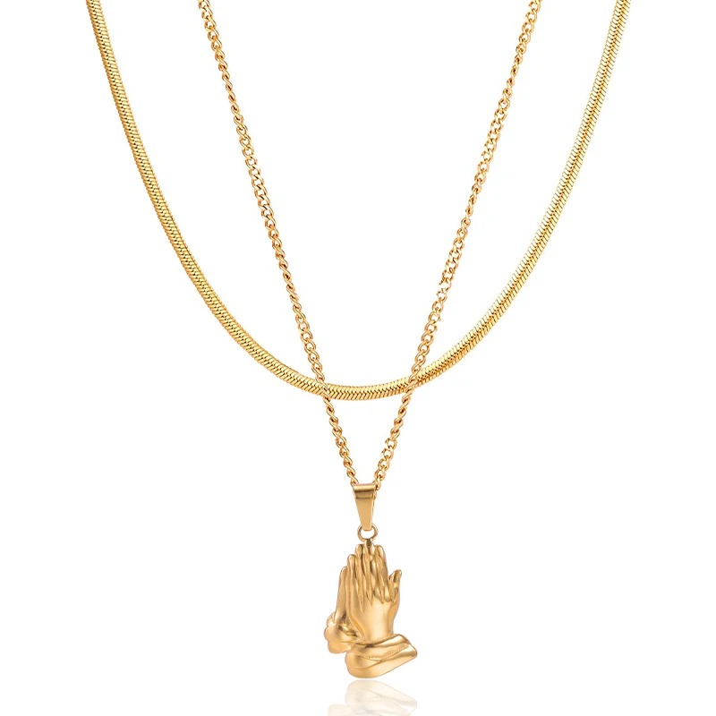 HOVANCI Lucky Stainless Steel Gold Plated Herringbone Necklace Pray Hand Pendant Non Tarnish Multilayered Necklace
HOVANCI Lucky Stainless Steel Gold Plated Herringbone Necklace Pray Hand Pendant Non Tarnish Multilayered Necklace