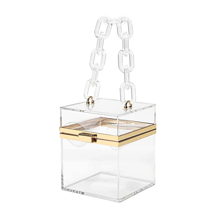 Transparent clear acrylic square box clutch purse bag with resin short handle & gold metal chain strap, Transparent/pink/black/blue
Transparent clear acrylic square box clutch purse bag with resin short handle & gold metal chain strap, Transparent/pink/black/blue