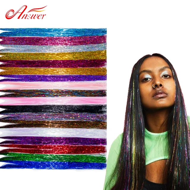 

Sparkle Shiny Hair Tinsel Rainbow Silk Hair Extensions Dazzles Women Hippie for Braiding Headdress Long 48inches 600 Strands/bag