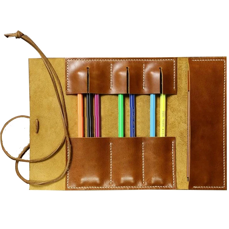 dark brown crazy horse leather colorful pencil roll case kids leather pencil bag