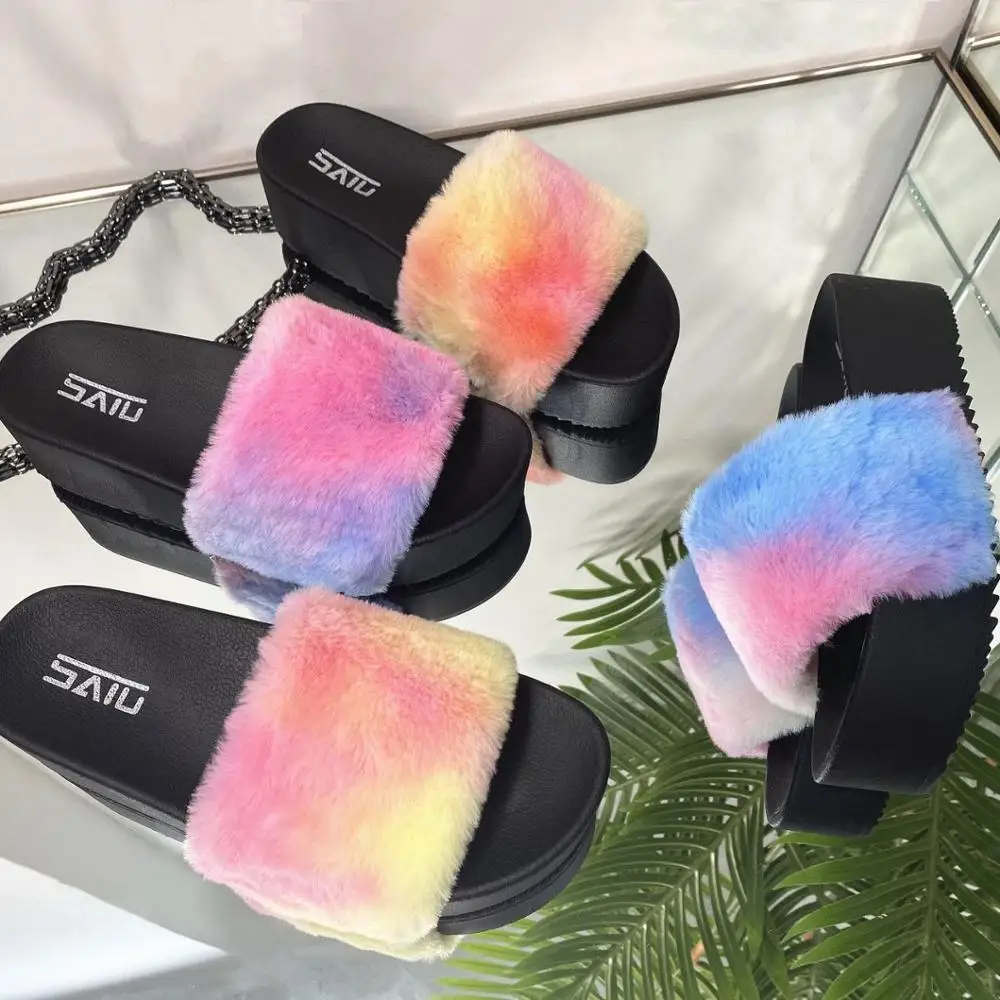 New fashion Tie dye women shoes high heel outdoor sandals faux fur rainbow color plush thick sole slippers platform lady slides
New fashion Tie dye women shoes high heel outdoor sandals faux fur rainbow color plush thick sole slippers platform lady slides