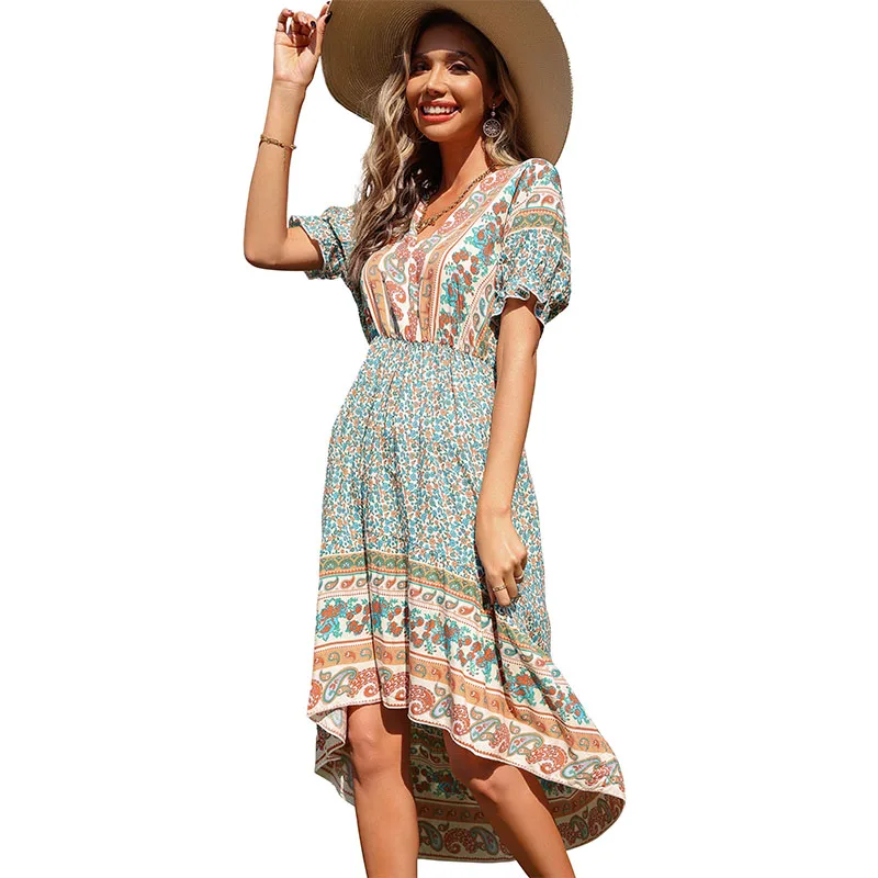 Women Bohemian Dress V Neck Short Sleeve Women Summer Floral Casual Boho Dress, Green
Women Bohemian Dress V Neck Short Sleeve Women Summer Floral Casual Boho Dress, Green
