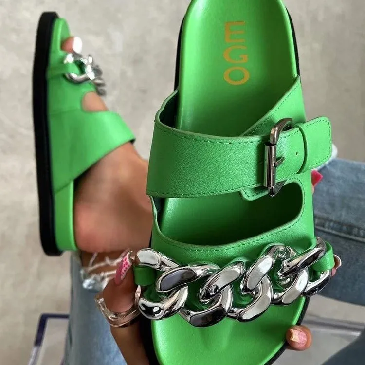 Women Slippers Metal Chain Leather Flat Mules Slippers Women Fashion Casual Shoes Green Women Slippers Mujer
Women Slippers Metal Chain Leather Flat Mules Slippers Women Fashion Casual Shoes Green Women Slippers Mujer