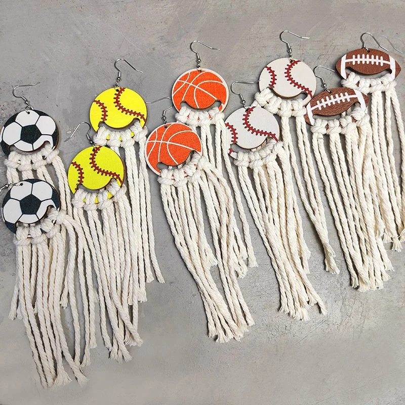 Large Soccer Earrings Bohemian Wooden Rugby Basketball Baseball Earrings with Cotton String Tassel
Large Soccer Earrings Bohemian Wooden Rugby Basketball Baseball Earrings with Cotton String Tassel