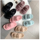 Fashion Women Vegan Faux Fur Slider Slippers, Open Toe Mule Fluffy House Slide Women Winter Slippers