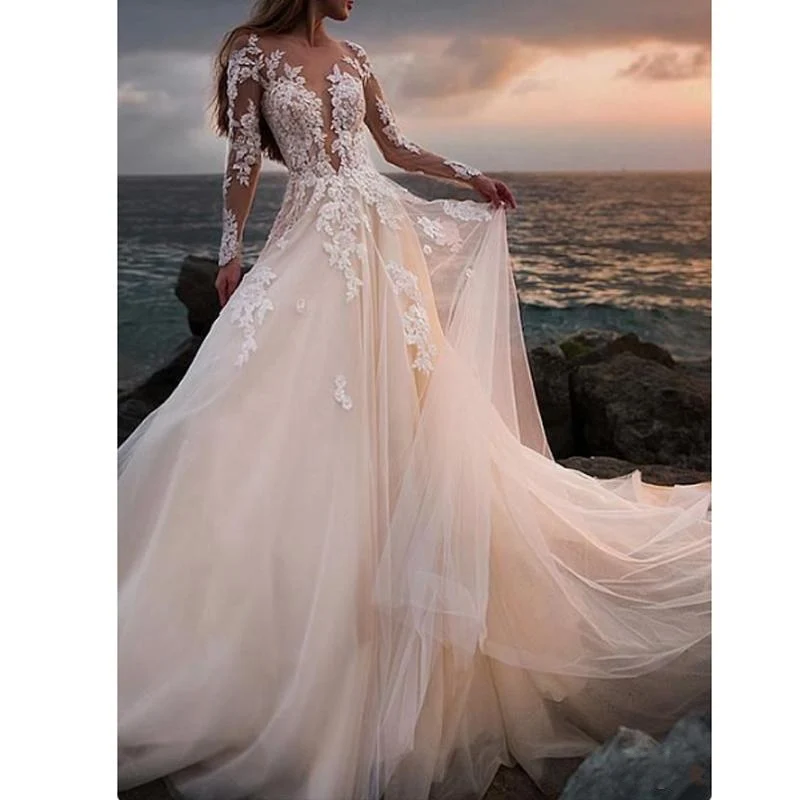

Vintage Champagne Tulle Wedding Dress Beach Appliques A Line Bridal Gown Illusion Lace Long Sleeves vestido de novia, Custom made