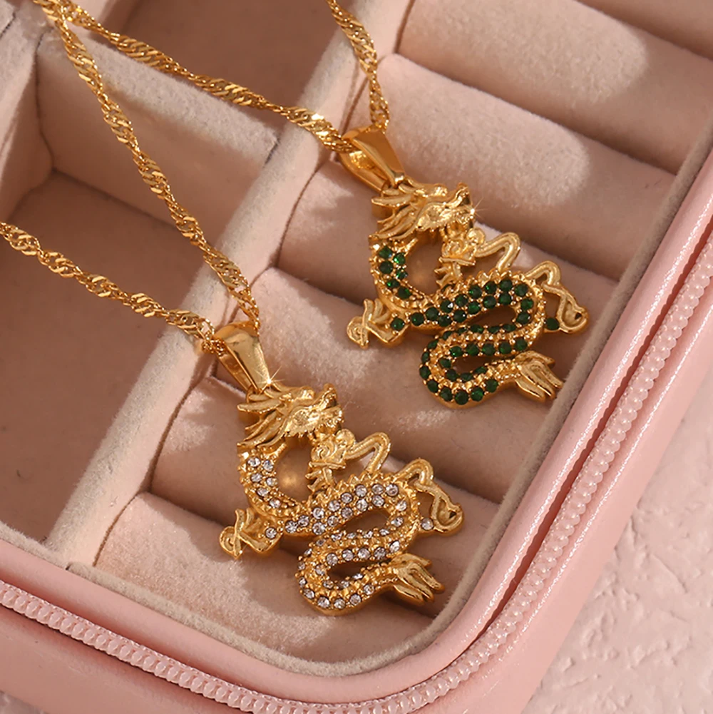 18K Gold Plated Jewelry Stainless Steel Green Cubic Zirconia Diamond zodiac Hollow Dragon Pendant Necklaces
18K Gold Plated Jewelry Stainless Steel Green Cubic Zirconia Diamond zodiac Hollow Dragon Pendant Necklaces