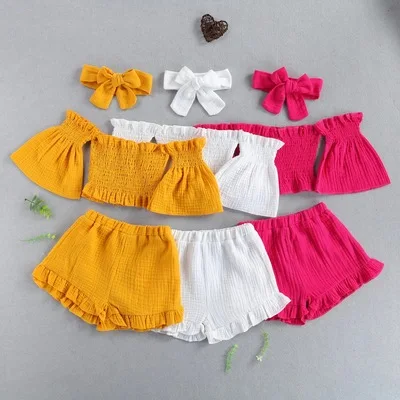 Girls Summer Clothes Sets 3pcs Solid Off Shoulder Flare Sleeve Pullover Strap T Shirts Tops Shorts Headband
Girls Summer Clothes Sets 3pcs Solid Off Shoulder Flare Sleeve Pullover Strap T Shirts Tops Shorts Headband