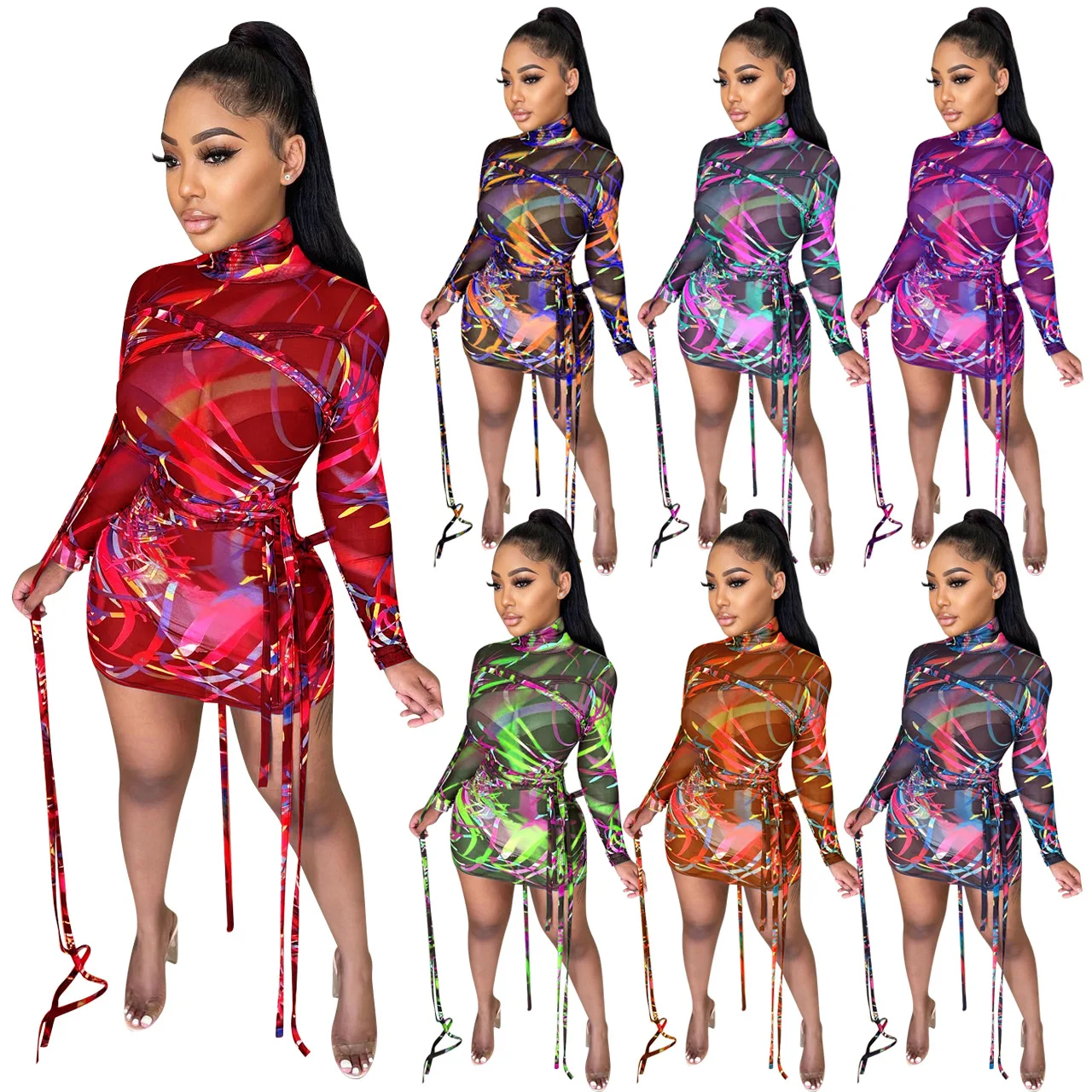 New Summer Fashion European and American Sexy Women's Dress with Mesh and Tie High Neck Print Dress, Picture color
New Summer Fashion European and American Sexy Women's Dress with Mesh and Tie High Neck Print Dress, Picture color