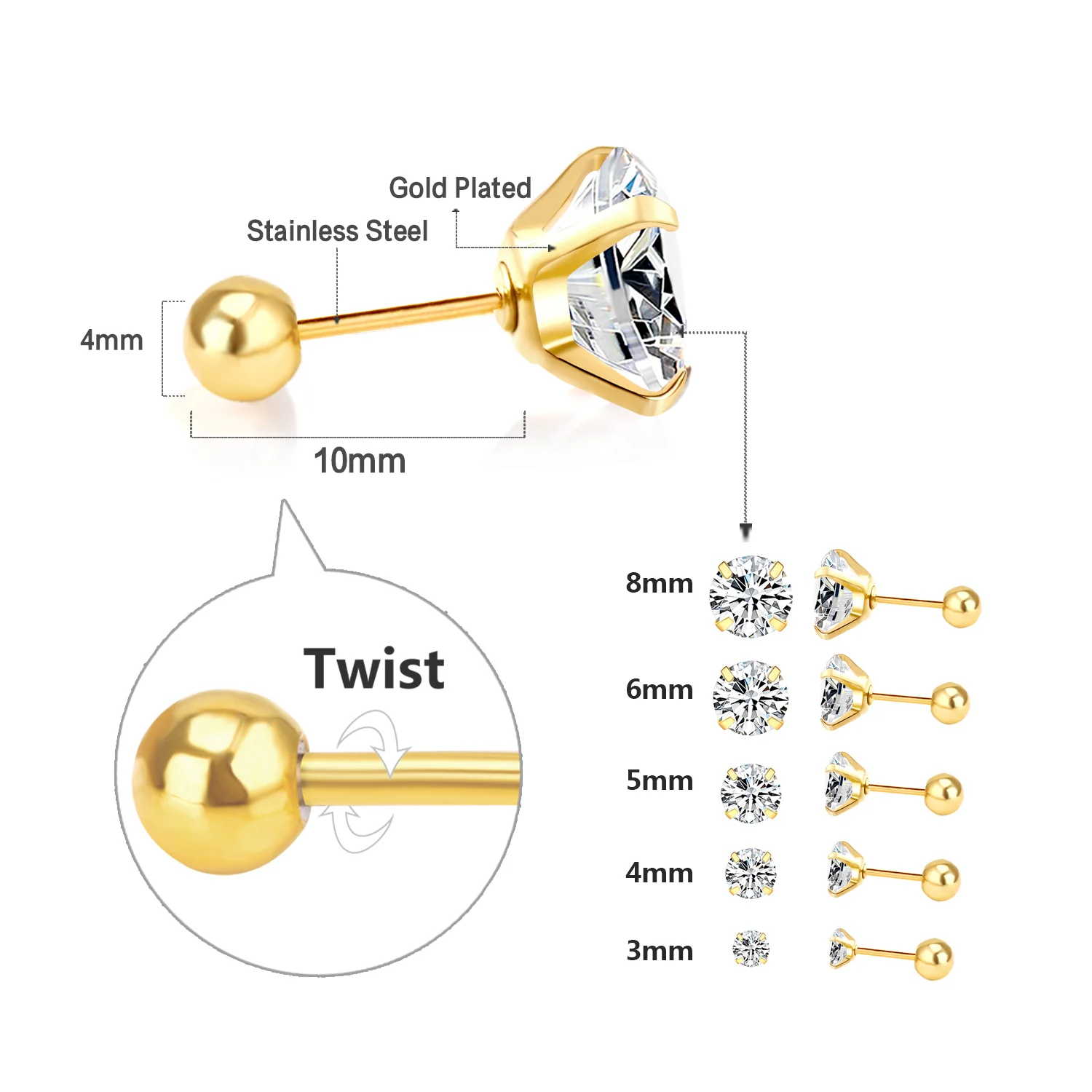 Multi Size Gold Plated Round White Diamond Stud Earring Screw Men Earrings Stainless Steel Screw Earrings
Multi Size Gold Plated Round White Diamond Stud Earring Screw Men Earrings Stainless Steel Screw Earrings